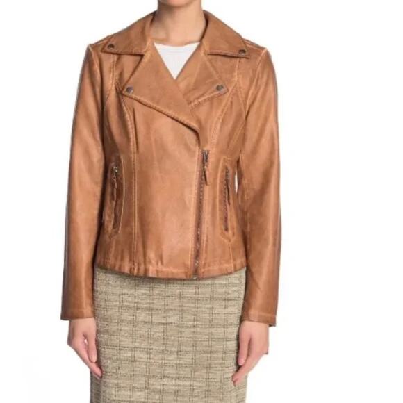 MAX STUDIO Cognac Washed Faux Leather Motorcycle Jacket Size XS NWT - Picture 1 of 12